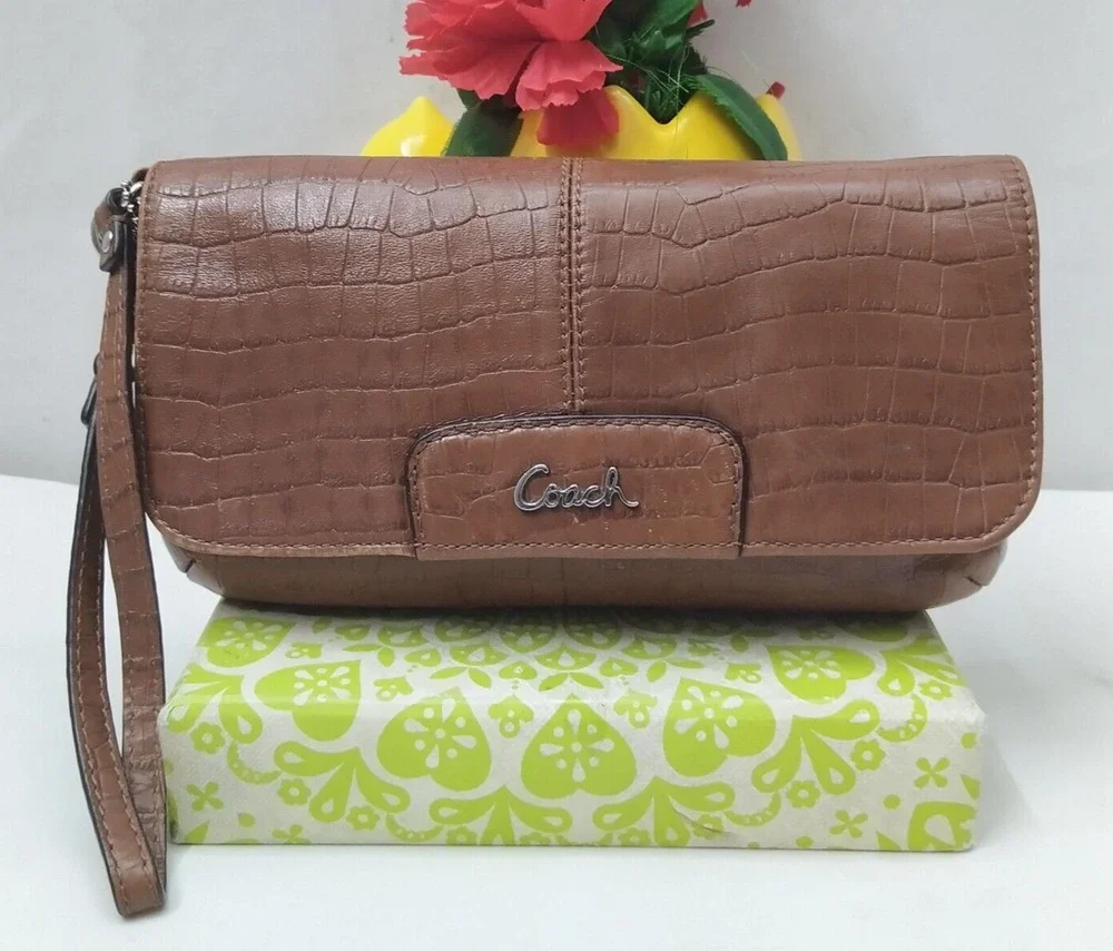 Coach Asley Brown Leather Snakeskin Embossed Flap Closure Wristlet Wallet